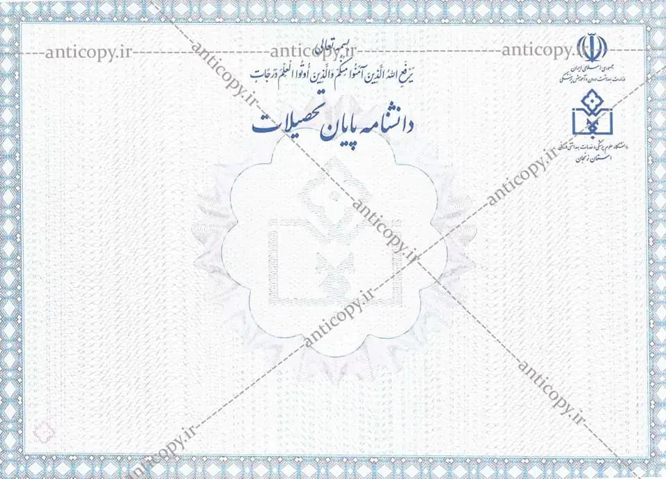 AntiCopy diploma for Zanjan University of Medical Sciences by Paya System Behestan - image 1