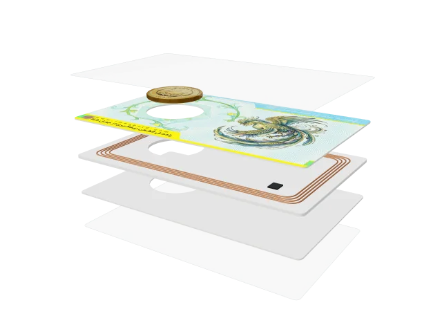 لایههای کارت NFC سکهٔ ایمن گلد؛ چاپ امنیتی، تراشه و آنتن در ساختار کارت